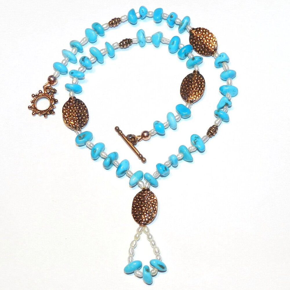 New Handmade Sleeping Beauty Turquoise Chips, Pearl & Copper 18" Necklace CF117